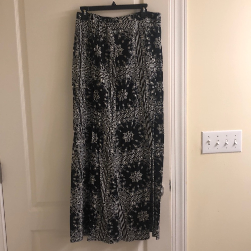 Long black and white skirt.